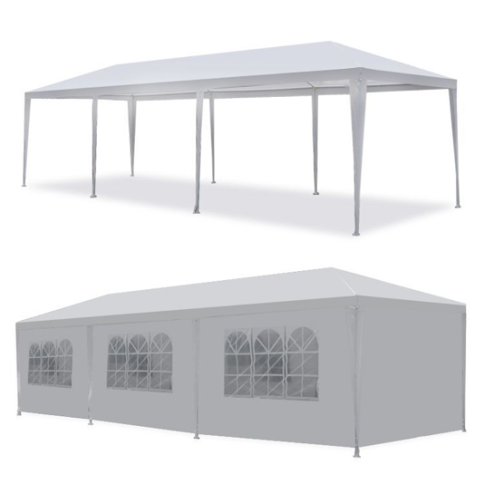 Pavilion de gradina 300x900 cm, 8 pereti detasabili cu ferestre si usa, structura metalica, PE impermeabil, alb [2]