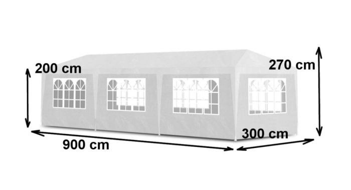 Pavilion de gradina 300x900 cm, 8 pereti detasabili cu ferestre si usa, structura metalica, PE impermeabil, alb [7]