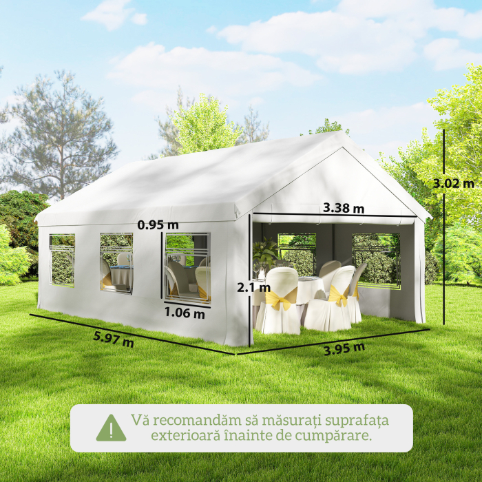  Pavilion de Gradina 4x6 m cu Pereti Laterali, 6 Ferestre si Dubla Intrare, din Otel Galvanizat, Alb [3]
