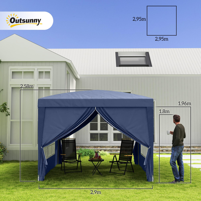  Pavilion de Gradina Pliabil din Otel cu Pereti Laterali, 3x3m, Albastru [2]