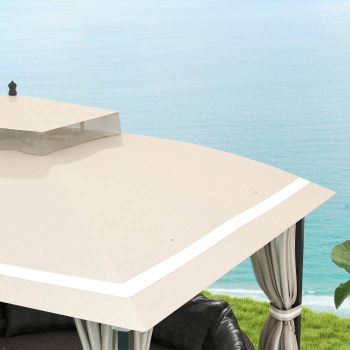  Pavilion pentru Exterior cu Baldachin, Acoperis Dublu, Plasa si Draperii, 370x303x290 cm, Bej [9]