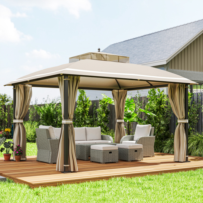  Pavilion pentru Exterior cu Baldachin, Acoperis Dublu, Plasa si Draperii, 370x303x290 cm, Bej [2]