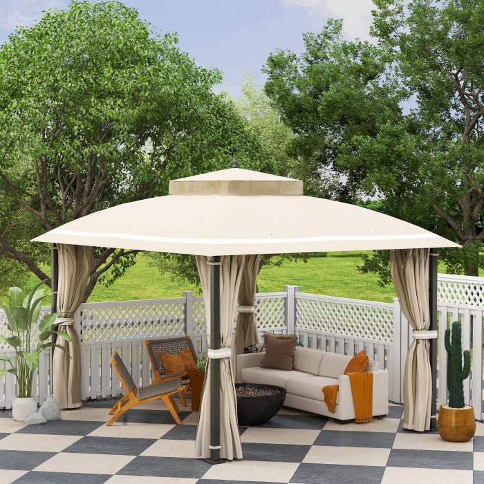  Pavilion pentru Exterior cu Baldachin, Acoperis Dublu, Plasa si Draperii, 370x303x290 cm, Bej [8]