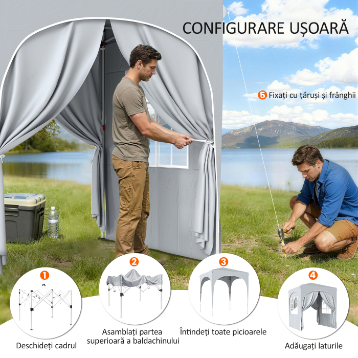  Pavilion pliabil 2x2 m, reglabil, cu 4 pereti laterali, din metal si tesatura Oxford gri deschis [6]