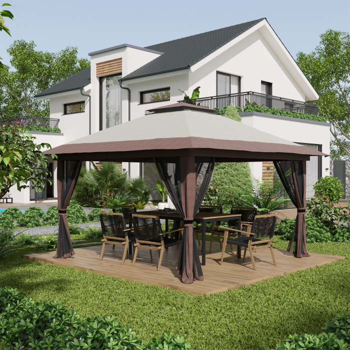 Pavilion  pliabil 4x4 m cu inaltime reglabila, plasa de tantari si geanta, din metal si material Oxford, bej [2]