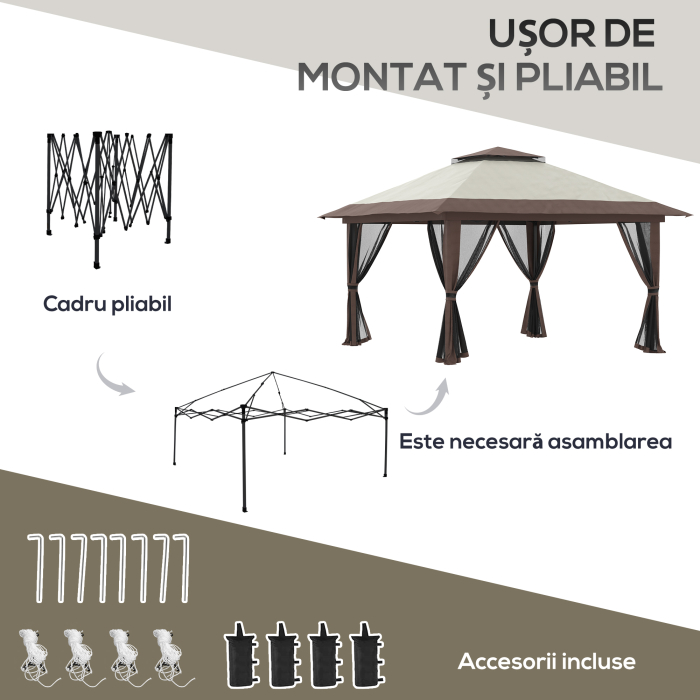 Pavilion  pliabil 4x4 m cu inaltime reglabila, plasa de tantari si geanta, din metal si material Oxford, bej [5]