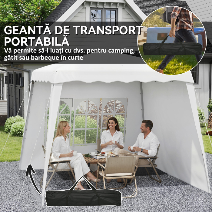  Pavilion pliabil cu 2 laterale, Stalpi oblici si geanta de transport, cort de evenimente inaltime reglabila UV50+, cort de gradina, curte, acoperis 2,4 x 2,4 m / baza 2,9 x 2,9 m, alb [8]