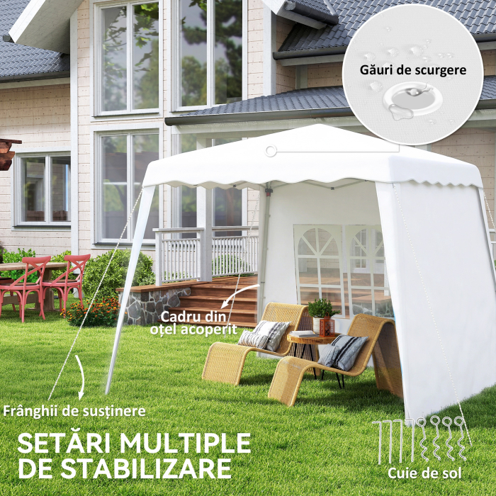  Pavilion pliabil cu 2 laterale, Stalpi oblici si geanta de transport, cort de evenimente inaltime reglabila UV50+, cort de gradina, curte, acoperis 2,4 x 2,4 m / baza 2,9 x 2,9 m, alb [7]