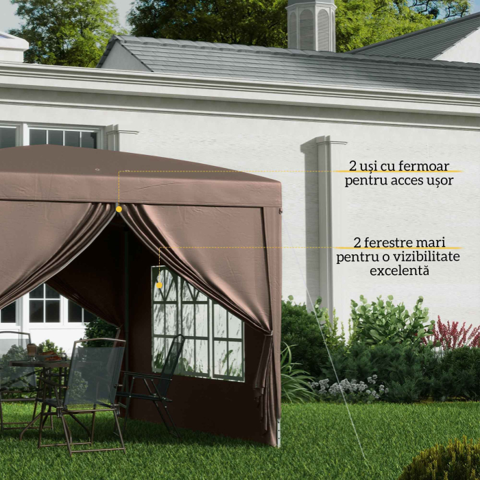  Pavilion Pliabil cu 2 Usi, 2 Ferestre, 4 Panouri Laterale si Geanta de Transport, 2.95x2.95x2.58 m, Cafeniu [7]