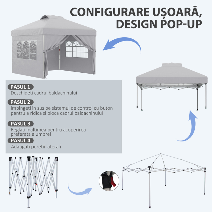  Pavilion Pliabil cu inaltime Reglabila, Usa, 2 Ferestre si Geanta de Transport, 297x297x284 cm, Gri Deschis [4]