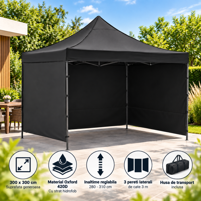 Pavilion pliabil de gradina 3x3 m, cu 3 pereti laterali pentru protectie impotriva vantului si ploii usoare, prelata hidrofoba Oxford 420D, cadru din [3]