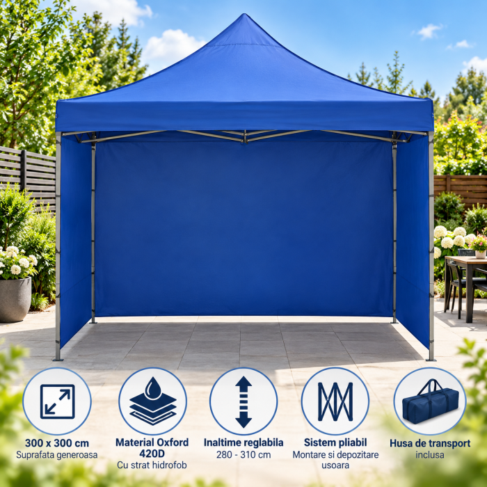 Pavilion pliabil de gradina 3x3 m, cu 3 pereti laterali pentru protectie impotriva vantului si ploii usoare, prelata hidrofoba Oxford 420D, cadru din [43]
