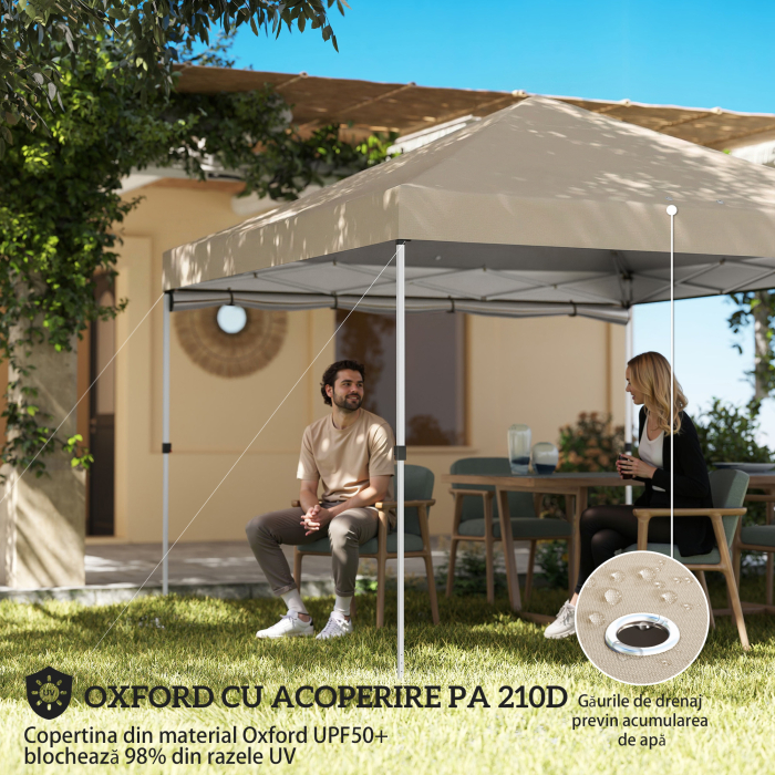 Pavilion pliabil  Pop-Up 3x3 m cu perete lateral, din metal si tesatura Oxford, bej [5]