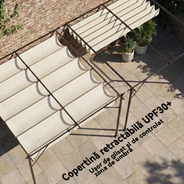  Pergola Adosata 3x3 m cu Acoperis Retractabil, Orificii de Drenaj, Pergola de Gradina din Poliester si Otel, pentru Terasa, Exterior, UV30+, Alb Crem [5]