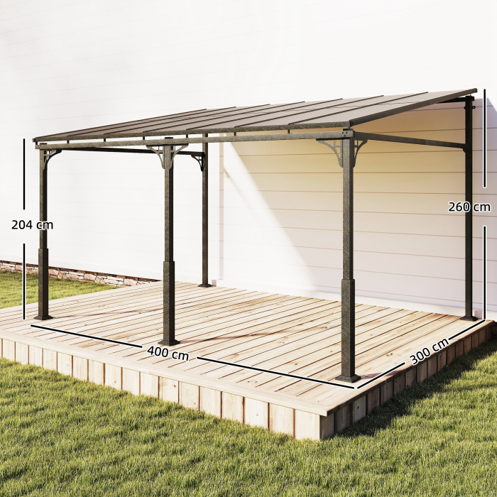  Pergola Adosata 4x3 m cu Acoperis din Policarbonat, Foisor din Metal si Aluminiu cu suruburi, pentru Exterior, Terasa si Gradina, Protectie UV, Maro [3]