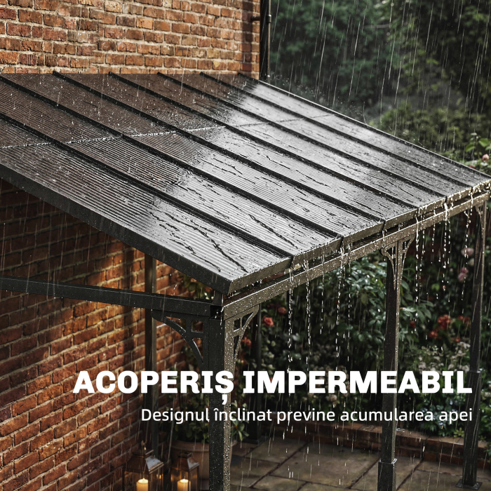  Pergola Adosata 4x3 m cu Acoperis din Policarbonat, Foisor din Metal si Aluminiu cu suruburi, pentru Exterior, Terasa si Gradina, Protectie UV, Maro [6]
