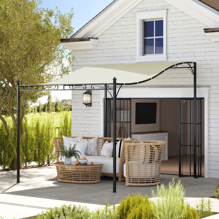 Pergola  Adosata Curbata cu 16 Orificii de Drenaj, din Metal si Poliester, 248x298x200/250 cm, Crem [2]