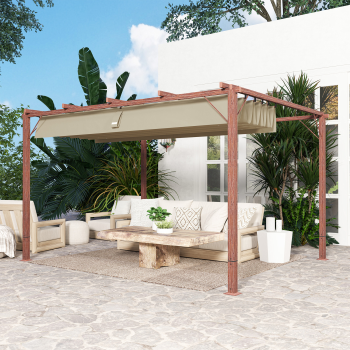  Pergola de Gradina cu Acoperis Retractabil si Cadru din Aluminiu cu Aspect de Lemn, 382x300x232 cm, Lemn Natural [9]