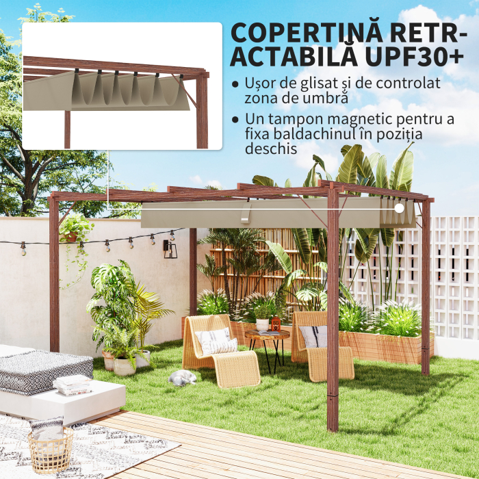  Pergola de Gradina cu Acoperis Retractabil si Cadru din Aluminiu cu Aspect de Lemn, 382x300x232 cm, Lemn Natural [4]
