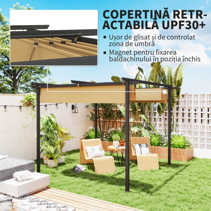  Pergola de Gradina cu Acoperis Retractabil si Cadru Metalic, 300x300x227 cm, Bej [4]