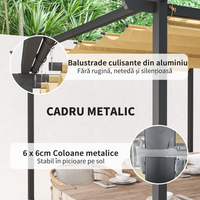  Pergola de Gradina cu Acoperis Retractabil si Cadru Metalic, 300x300x227 cm, Bej [5]