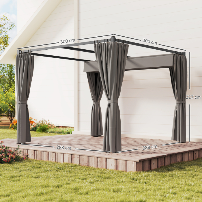  Pergola de Gradina cu Acoperis Retractabil si Draperii, din Metal si Poliester, 300x300x227 cm, Gri Deschis [3]