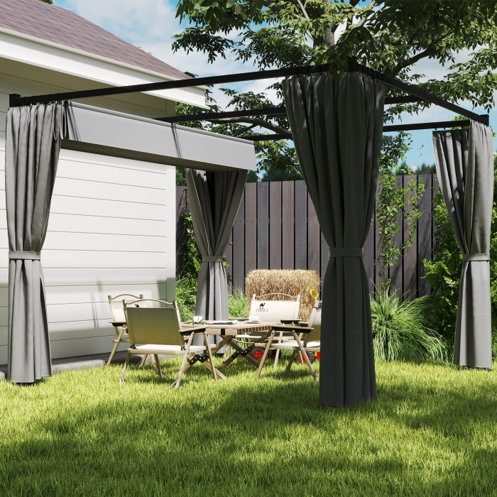  Pergola de Gradina cu Acoperis Retractabil si Draperii, din Metal si Poliester, 300x300x227 cm, Gri Deschis [9]