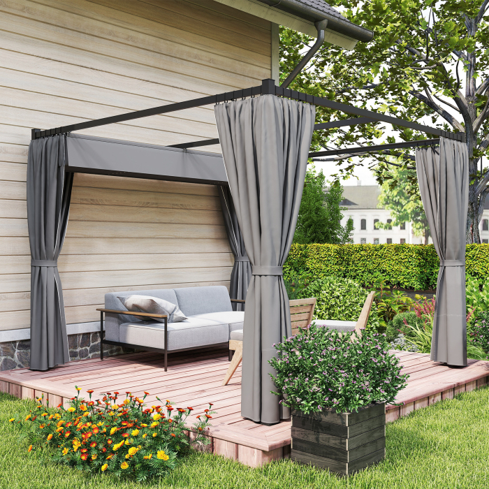  Pergola de Gradina cu Acoperis Retractabil si Draperii, din Metal si Poliester, 300x300x227 cm, Gri Deschis [7]