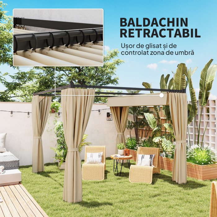  Pergola de Gradina cu Acoperis Retractabil si Perdele, din Metal si Poliester, 300x300x227 cm, Bej [4]