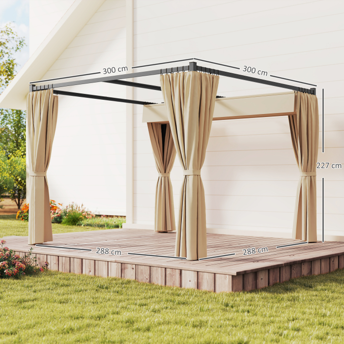  Pergola de Gradina cu Acoperis Retractabil si Perdele, din Metal si Poliester, 300x300x227 cm, Bej [3]
