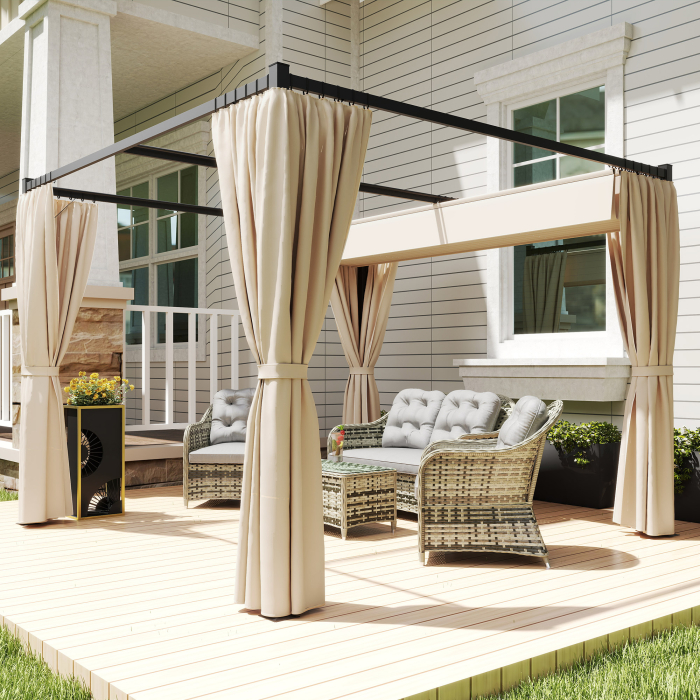  Pergola de Gradina cu Acoperis Retractabil si Perdele, din Metal si Poliester, 300x300x227 cm, Bej [2]