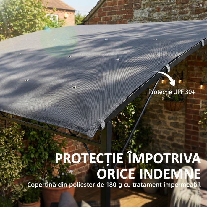  Pergola Gazebo 3.8x2.8m cu 16 Gauri de Drenaj, Pergola din Metal si Poliester 180g/m² cu suruburi, pentru Exterior, Gradina, Terasa si Patio, UV 30+, Gri [5]
