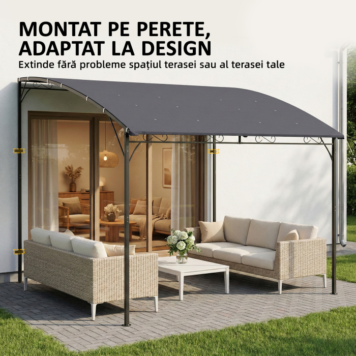  Pergola Gazebo 3.8x2.8m cu 16 Gauri de Drenaj, Pergola din Metal si Poliester 180g/m² cu suruburi, pentru Exterior, Gradina, Terasa si Patio, UV 30+, Gri [4]