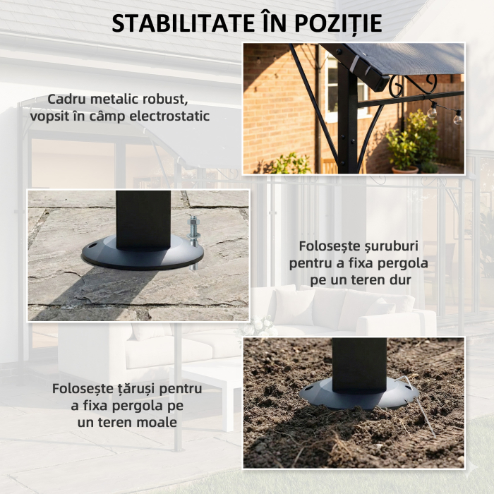  Pergola Gazebo 3.8x2.8m cu 16 Gauri de Drenaj, Pergola din Metal si Poliester 180g/m² cu suruburi, pentru Exterior, Gradina, Terasa si Patio, UV 30+, Gri [7]