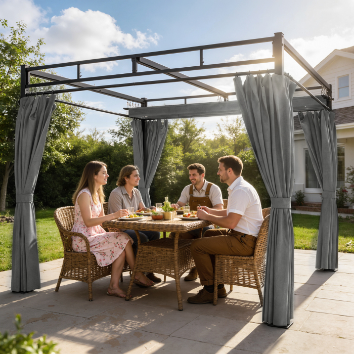  Pergola Gazebo 3x3 m cu Acoperis Retractabil, 4 Pereti Laterali, Orificii de Drenare, Pergola din Poliester si Otel pentru Gradina, Terasa, Exterior, UV30+, Gri inchis [2]