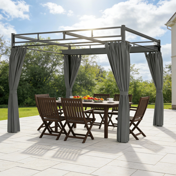  Pergola Gazebo 3x3 m cu Acoperis Retractabil, 4 Pereti Laterali, Orificii de Drenare, Pergola din Poliester si Otel pentru Gradina, Terasa, Exterior, UV30+, Gri inchis [9]