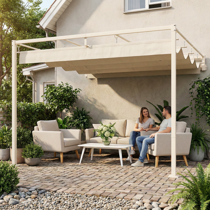  Pergola Gazebo 3x3 m cu Acoperis Retractabil, Orificii de Drenaj, Pergola de Gradina din Poliester si Otel, pentru Patio, Terasa, Exterior, UV30+, Bej [9]