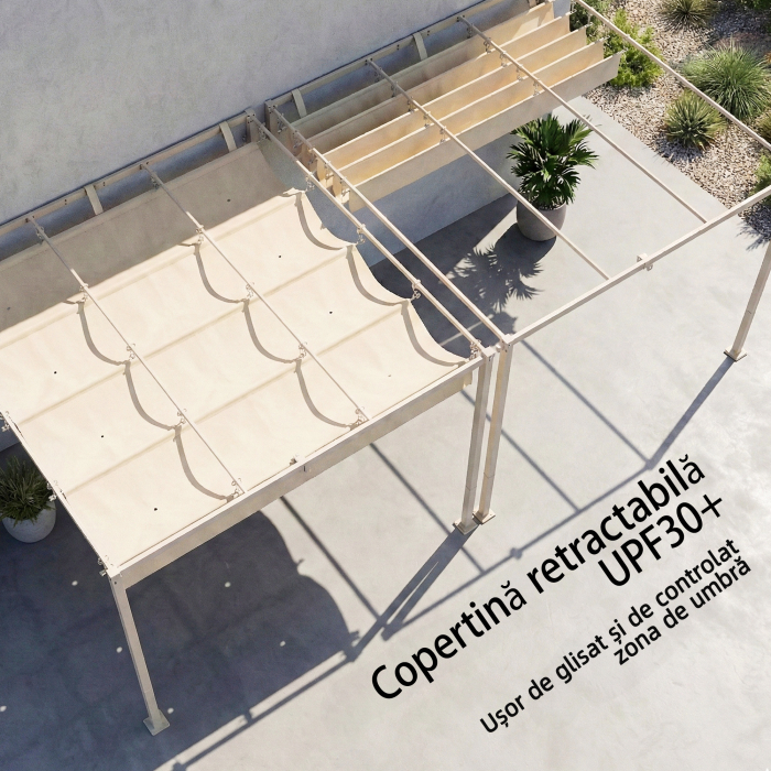  Pergola Gazebo 3x3 m cu Acoperis Retractabil, Orificii de Drenaj, Pergola de Gradina din Poliester si Otel, pentru Patio, Terasa, Exterior, UV30+, Bej [5]
