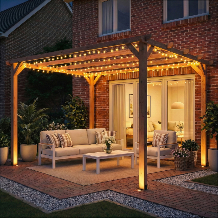  Pergola Gazebo 3x3 m din Lemn de Brad, Pergola pentru Gradina cu Suporturi Triunghiulare si 5 Grinzi pentru Plante Cataratoare, Pergola din Lemn pentru Exterior, Patio, Terasa, Aspect Lemn de Artar [9]