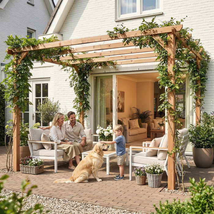  Pergola Gazebo 3x3 m din Lemn de Brad, Pergola pentru Gradina cu Suporturi Triunghiulare si 5 Grinzi pentru Plante Cataratoare, Pergola din Lemn pentru Exterior, Patio, Terasa, Aspect Lemn de Artar [2]