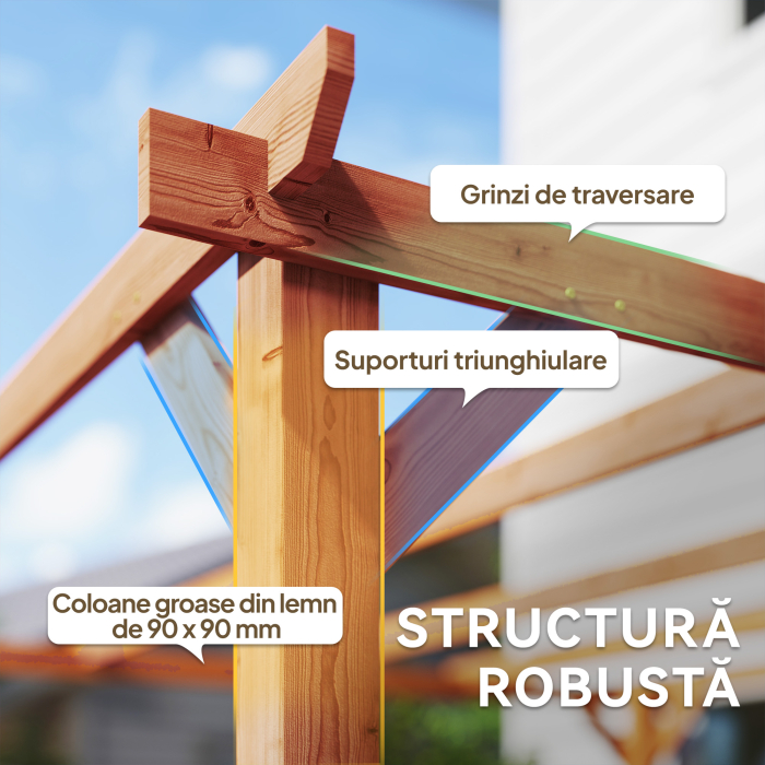  Pergola Gazebo 3x3 m din Lemn de Brad, Pergola pentru Gradina cu Suporturi Triunghiulare si 5 Grinzi pentru Plante Cataratoare, Pergola din Lemn pentru Exterior, Patio, Terasa, Aspect Lemn de Artar [4]