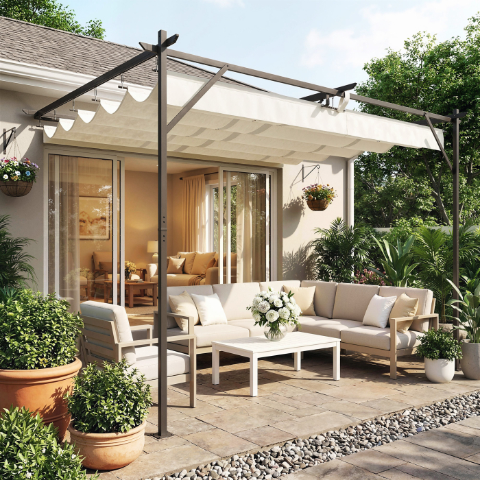  Pergola Gazebo Montata pe Perete 3x4 m cu Acoperis Retractabil, Orificii de Drenaj, Pergola de Gradina din Poliester si Otel, pentru Terasa, Patio, Exterior, UV30+, Crem [2]