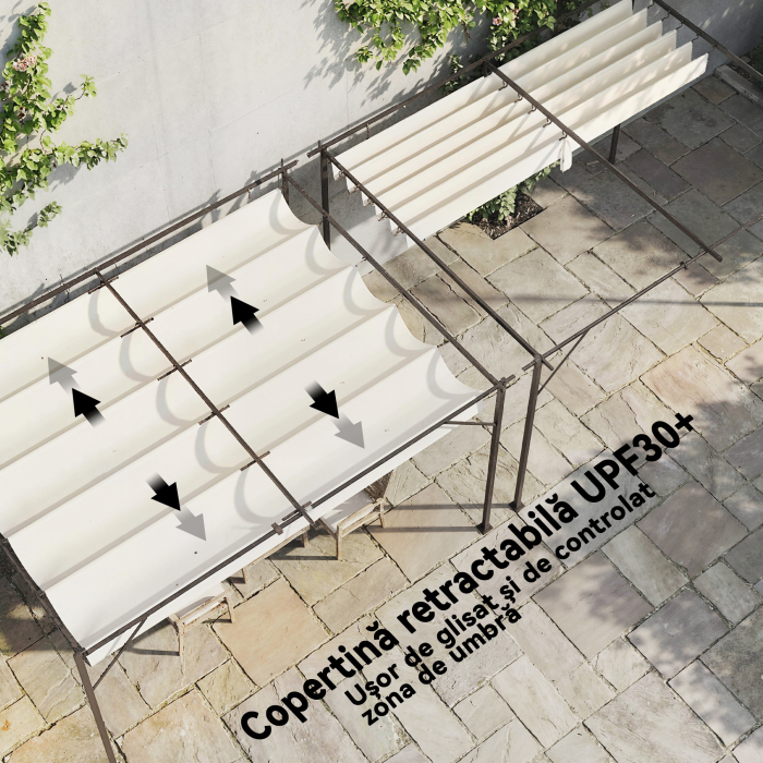  Pergola Gazebo Montata pe Perete 3x4 m cu Acoperis Retractabil, Orificii de Drenaj, Pergola de Gradina din Poliester si Otel, pentru Terasa, Patio, Exterior, UV30+, Crem [5]