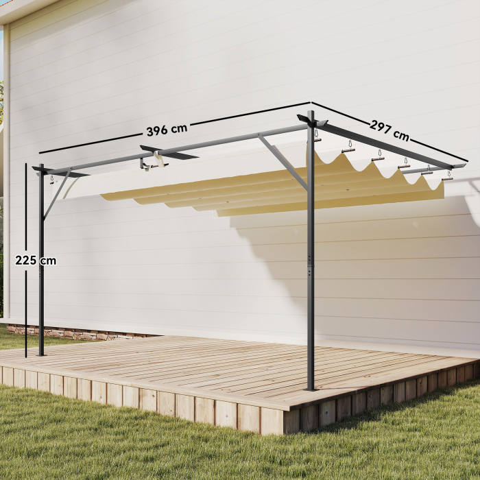  Pergola Gazebo Montata pe Perete 3x4 m cu Acoperis Retractabil, Orificii de Drenaj, Pergola de Gradina din Poliester si Otel, pentru Terasa, Patio, Exterior, UV30+, Crem [3]