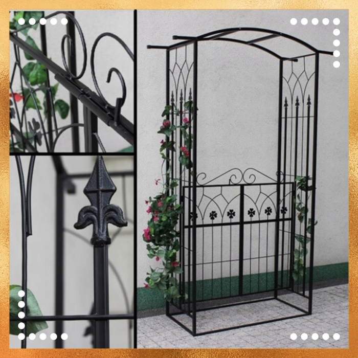 Pergola gradina metalica cu poarta decorativa, suport plante cataratoare, otel vopsit, 106x50x217 cm, negru [8]