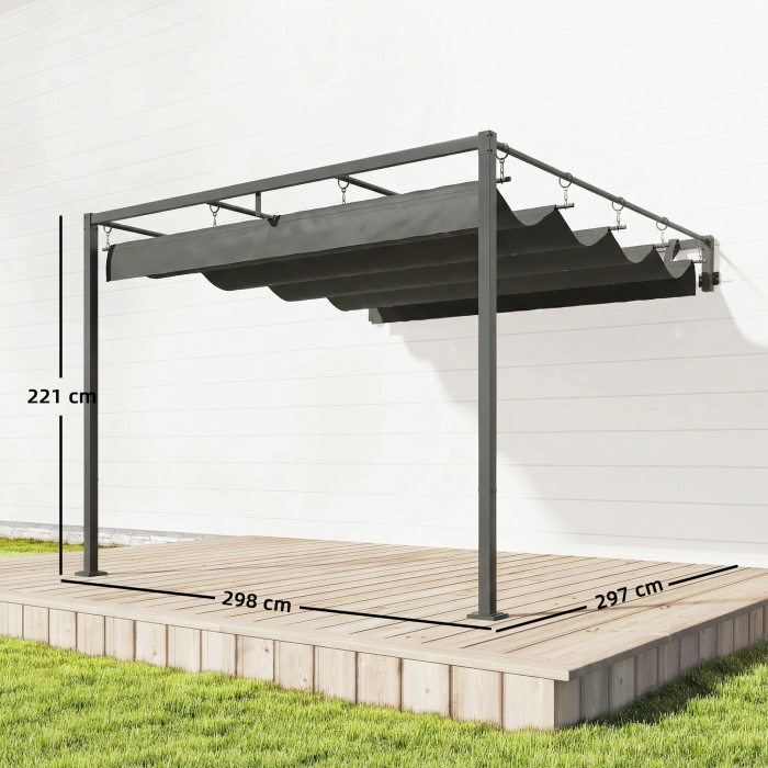  Pergola montata 3x3 m cu acoperis retractabil glisant, guri de drenaj, pergola de gradina din poliester si otel, pentru terasa, curte, exterior, UV30+, Gri inchis [3]