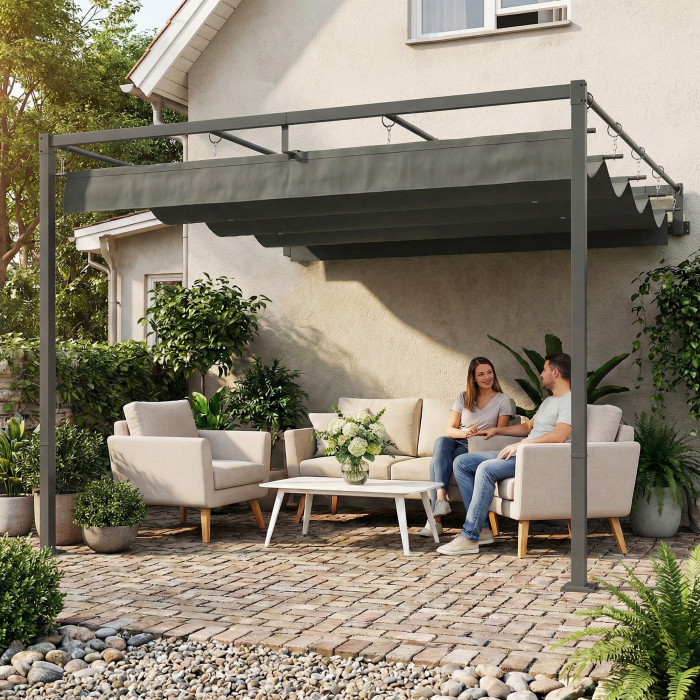 Pergola montata 3x3 m cu acoperis retractabil glisant, guri de drenaj, pergola de gradina din poliester si otel, pentru terasa, curte, exterior, UV30+, Gri inchis [9]