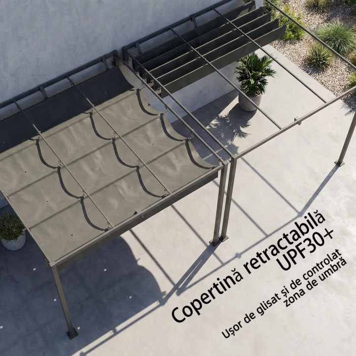  Pergola montata 3x3 m cu acoperis retractabil glisant, guri de drenaj, pergola de gradina din poliester si otel, pentru terasa, curte, exterior, UV30+, Gri inchis [5]