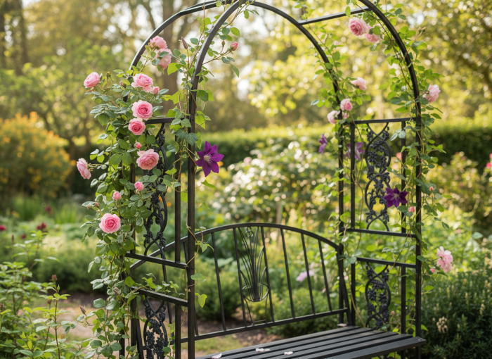 Pergola pentru gradina cu banca, structura metalica solida, 122x58x203 cm, negru [8]