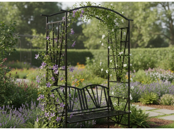 Pergola pentru gradina cu banca, suport plante cataratoare, structura otel, 114x45x208 cm, negru [2]